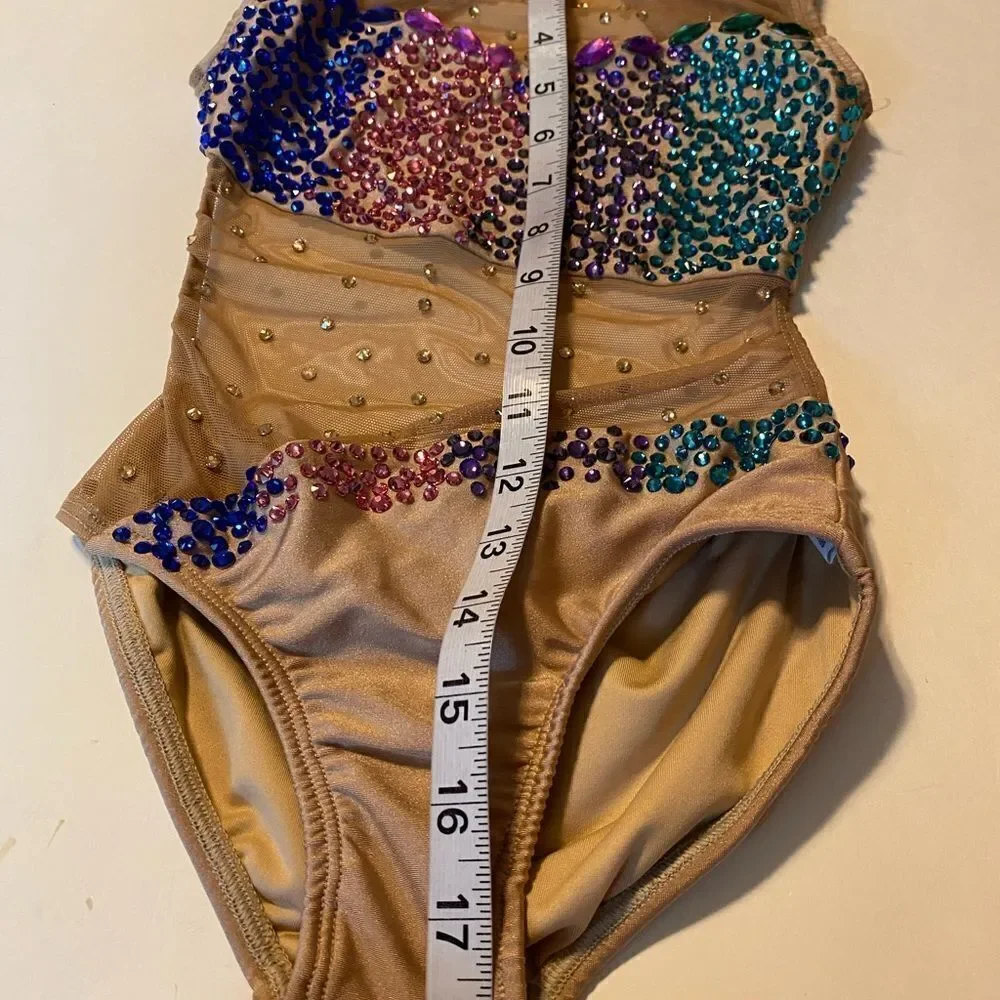 AA dance design costume solo tan beige nude illusion custom rhinestone ombre S